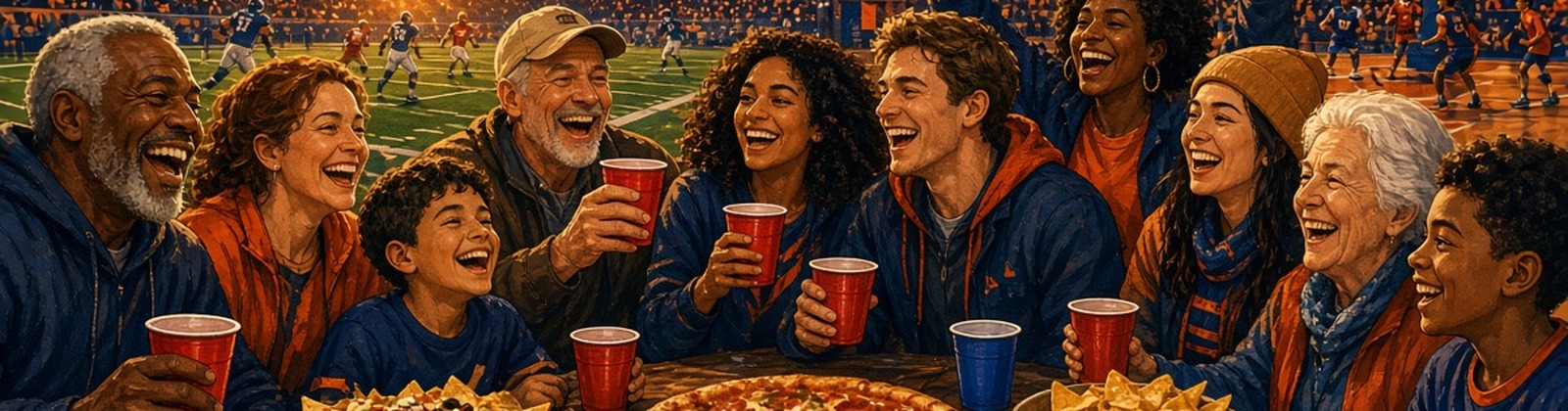 Multi-generational family and friends celebrating a Big Party Sports game day watch party with football, basketball, pizza, and wings