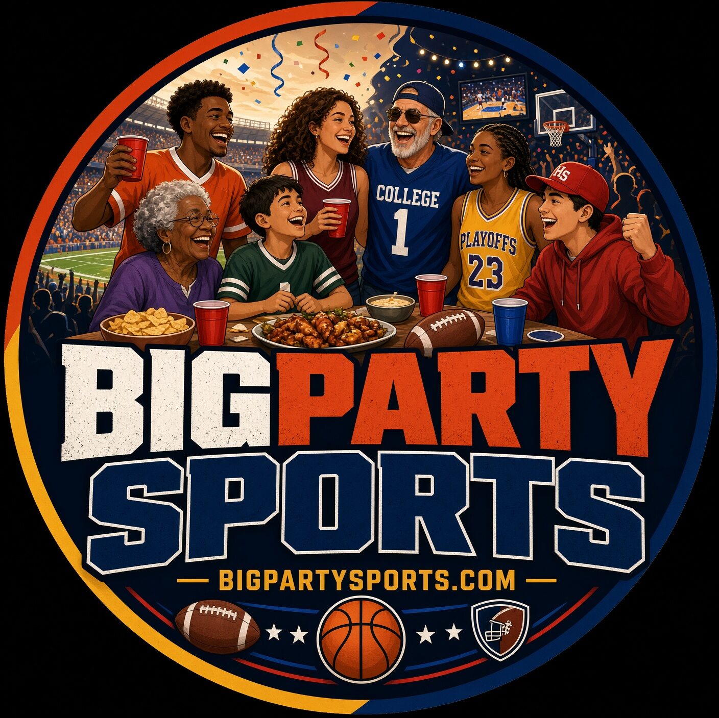 Big Party Sports logo — football and basketball fans of all ages celebrating game day around a table with food, representing high school, college, and pro sports coverage at BigPartySports.com