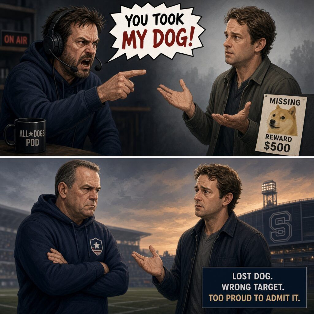 Two-panel cartoon of an angry sports radio host yelling "You took my dog!" at a confused man holding a missing dog poster, satirizing Paul Finebaum blaming Lane Kiffin