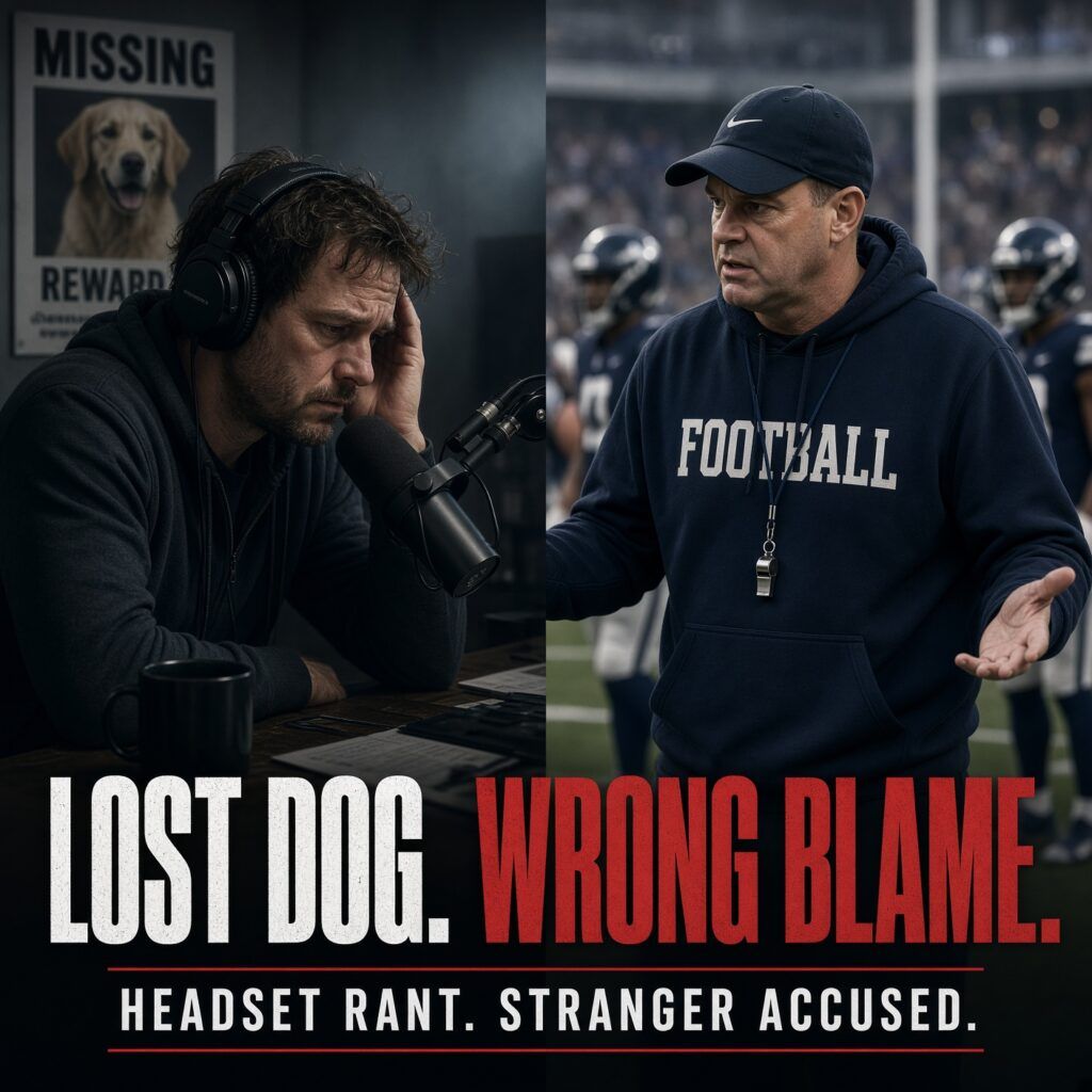 Split-screen graphic of a distraught radio host beside a missing dog poster and a football coach shrugging on the sideline, with the headline "Lost Dog. Wrong Blame."
