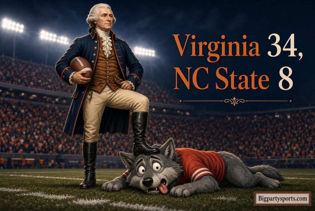 Colonial-era Virginia Cavalier holding a football with his boot on a defeated NC State wolf after the 34-8 win